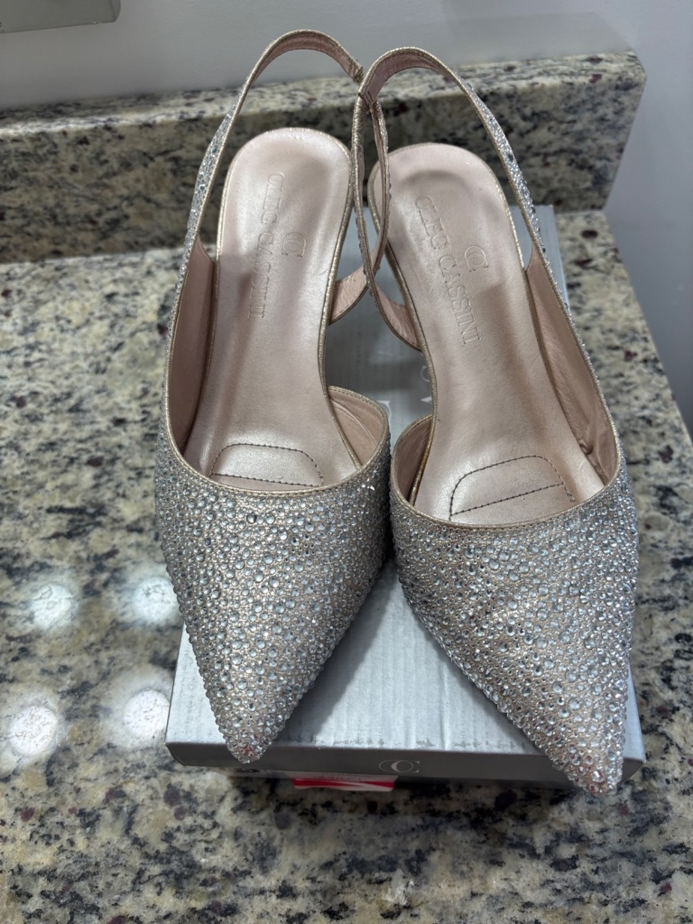 Oleg Cassini Rose Gold Crystal Pointed Slingback Pumps
